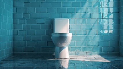 Toilet in modern bathroom with blue tile wall.