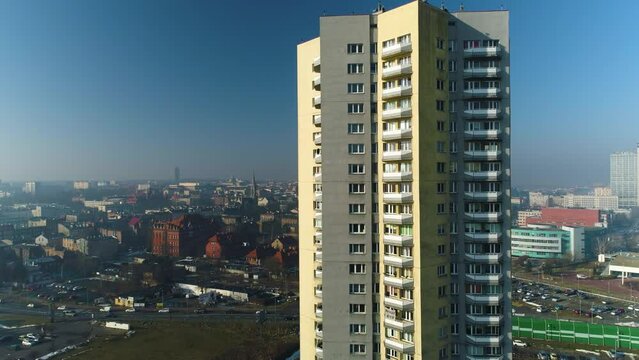 Aerial View On Fog Star Skyscrapers. Beautiful Silesian Climate