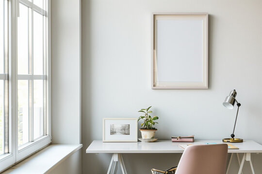 A home office with white walls and a desk positioned near a window with an empty photo frame above the desk