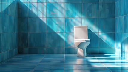 Bright bathroom with a white toilet and blue tiles