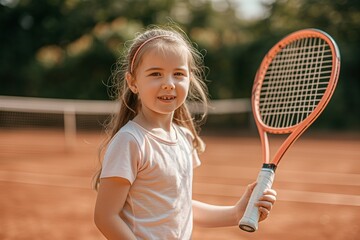 Child playing tennis on outdoor court. Little girl with tennis racket and ball in sport club.