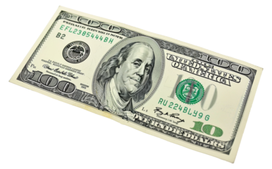 A 100 dollar bill with a green stripe on it, cut out - stock png.