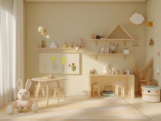 Children working room, Mock up wall in the children's room in light cream color wall background.