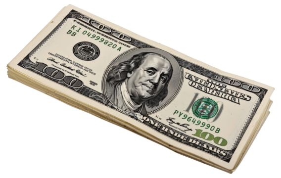 A stack of one hundred dollar bills, cut out - stock png.