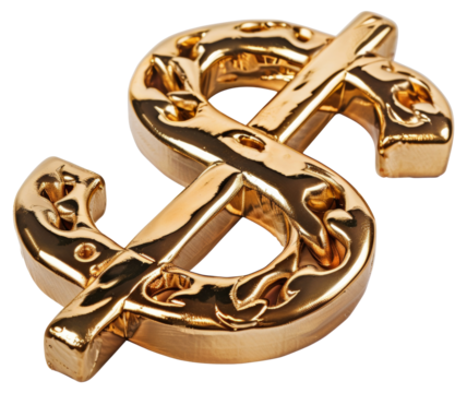 A gold dollar coin with a dollar sign on it, cut out - stock png.