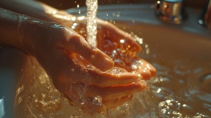 Hands being washed under a stream of water in a sink