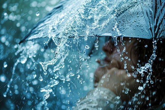 A Person Caught In A Sudden Downpour, Holding An Umbrella To Shield From The Rain. Generative AI