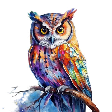 beautiful colorful owl art watercolour, Isolated on transparent PNG background, Generative ai