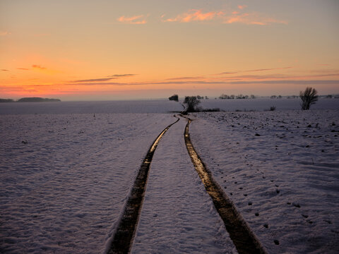 winter landscape in the countryside and a dirt road