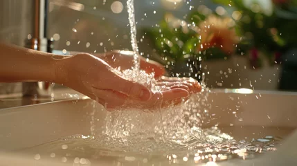 Foto op Plexiglas Hands washing under flowing tap water © ladaz