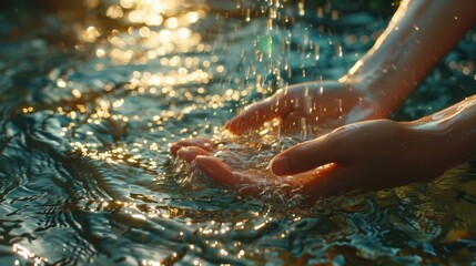 Close up of woman hand washing her hands in a pool at sunset