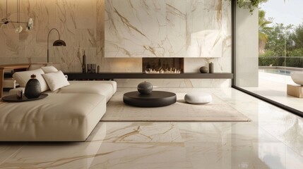 The modern design of the fireplace contrasts with the classical beauty of the marble blending effortlessly with the opulent furnishings and decor. .