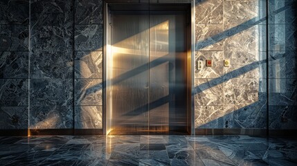 Shadows casting over marble elevator doors