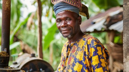 A man in traditional clothing is seen operating a small biofuel processing plant in a rural village providing job opportunities and income to the local community. .
