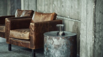 In a corner of the minimalist concrete space two beautifully worn leather club chairs sit next to a weathered metal side table. The combination of these sleek yet industrial pieces .