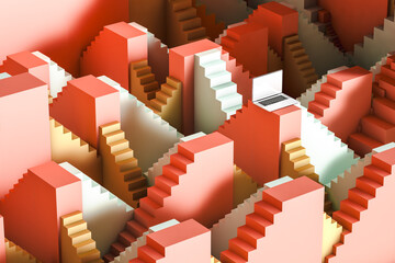 Laptop at the top of some stairs