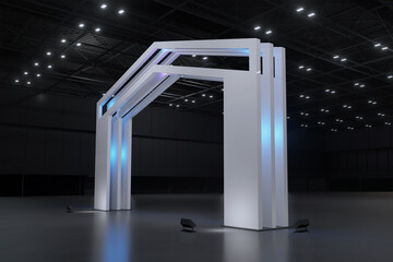 Exhibition stand for mockup and Corporate identity,Display design.Empty booth Design.Retail booth elements in Exhibition hall.booth Design trade show.Blank Booth system of Graphic Resources.3d render. - obrazy, fototapety, plakaty