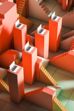 Laptops at the top of some stairs