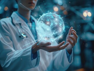 Medical Interaction: Doctor with Holographic Symbols and Digital Sphere