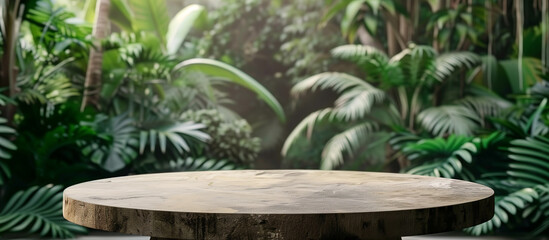 blank podium tropical forest on background, wood, stone