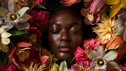 A sense of both power and vulnerability emanates from a black woman as she rests amidst a bed of vibrant flowers. The delicate petals and strong towering stems seem to symbolize the .