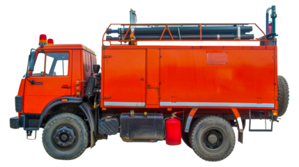 An orange fire truck with a red gas can on the back, cut out - stock png.