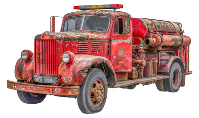 An old red fire truck with a yellow light on top, cut out - stock png.