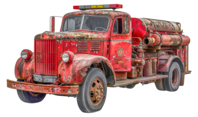 An old red fire truck with a yellow light on top, cut out - stock png.
