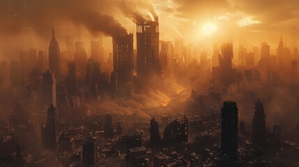 Apocalyptic cityscape, dystopian world, destruction, sunset