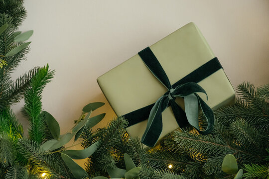 Wrapped Christmas present near fir branches
