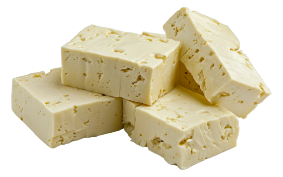 A close up of a block of cheese, cut out - stock png.