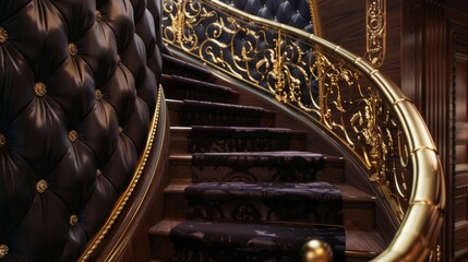 As you ascend the sweeping staircase the walls are lined with a sumptuous velvet wallpaper in a...