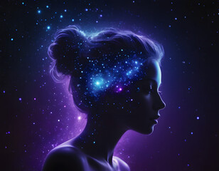 mindfulness meditation illustrated through a serene young woman in deep meditation, embodying the principles of yoga and unwavering concentration, combination of woman and galaxy