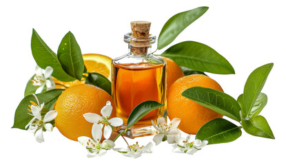 A bottle of orange oil is on top of a bunch of oranges and leaves, cut out - stock png.