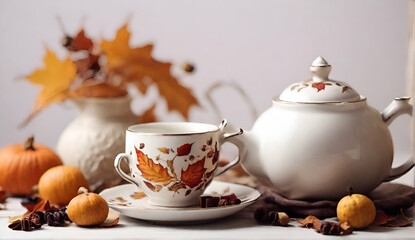 Obraz na płótnie Canvas Beautiful autumn teatime with cup and teapot on white.generative.ai