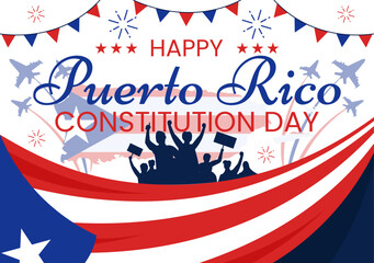 Obraz premium Happy Puerto Rico Constitution Day Vector Illustration on 25 July with Waving Flag and Ribbon in National Holiday Flat Cartoon Background Design