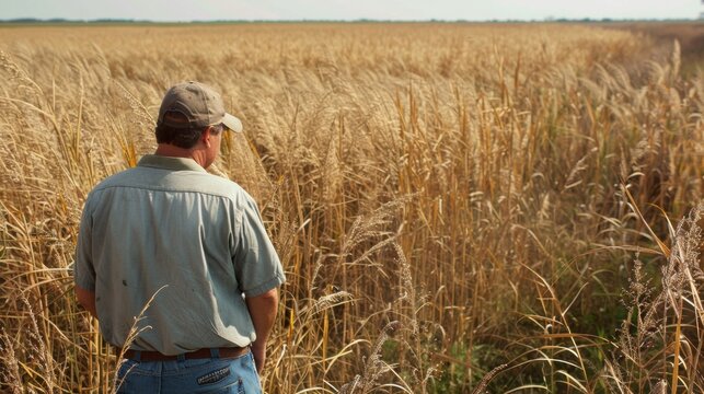 A farmer inspects his thriving fields of switchgrass a highly resilient biofuel crop. Despite the dry conditions the switchgrass has grown tall and dense providing an abundant source .