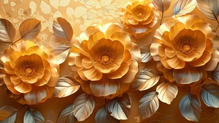 Luxury gold floral background vector. Golden gradient Roses and peonies flower line art wallpaper...