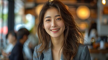 Obraz premium positivity, as a young and radiant businesswoman a beautiful manager brings a sunny glow to her tasks in the contemporary office environment. Generative AI.