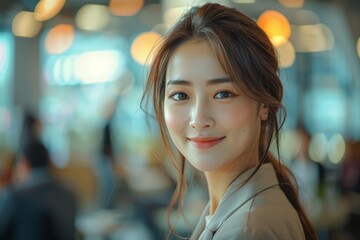 Obraz premium positivity, as a young and radiant businesswoman a beautiful manager brings a sunny glow to her tasks in the contemporary office environment. Generative AI.