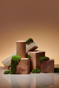Wooden cube podium with moss for product and cosmetic presentation