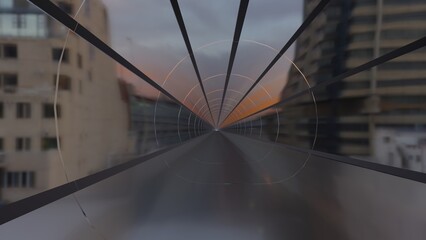 A glass sky train between high building in a sunset time (3D Rendering)