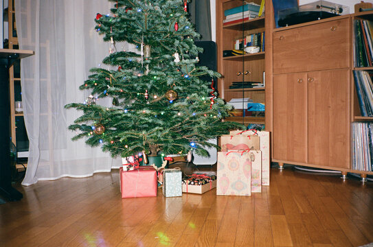 Presents near the Christmas tree at home