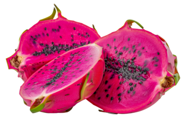 A slice of a red dragon fruit with black seeds, cut out - stock png.