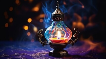 Magical mysterious aladdin lamp with smoke. Magic oriental lamp, wish fulfillment lamp on dark background