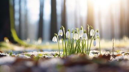 flowers with fluffy snowdrops in a snowy forest glade in the sun - obrazy, fototapety, plakaty