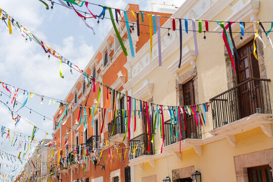 Colorful Flags In The Streets Of Campeche, Mexico.
