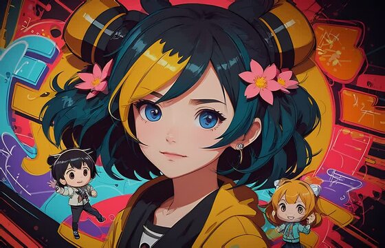 Generative ai motion animation of graffiti-inspired detailed drawing of a cute chibi characters