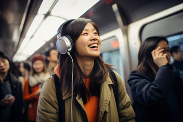 Enjoy music bliss as a smiling woman selects tracks on her cellphone, lost in the melody with headphones, a portrait of relaxation against a vibrant Tube Train backdrop. Generative AI.