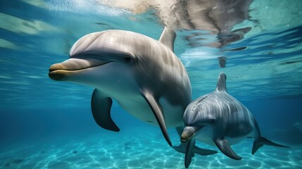 Dolphins Swim in the ocean with clear underwater views